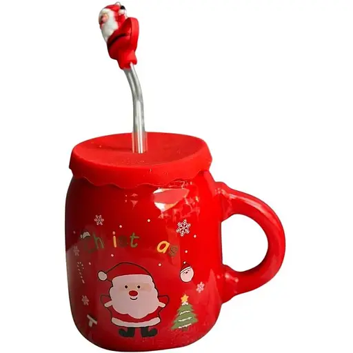 Чашка новогодняя Olens 102-1082-1 Санта керамика с крышкой и трубочкой 460 мл Красная - фото 1