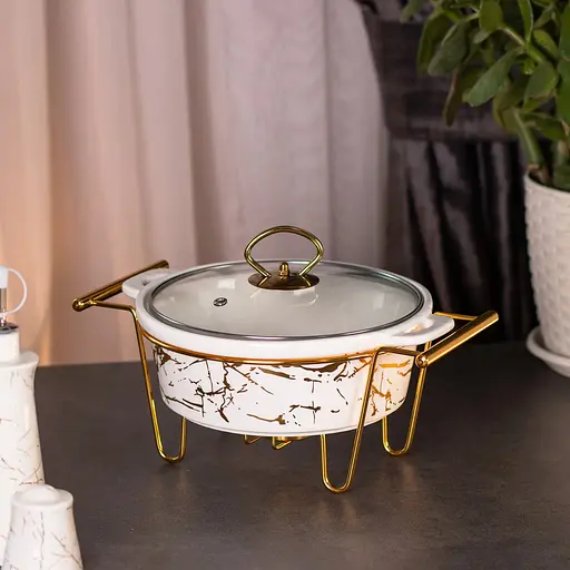 Мармітниця  Yiwu порцелянова кругла 1 л зі скляною кришкою золотий мармур HP1037 - фото 5