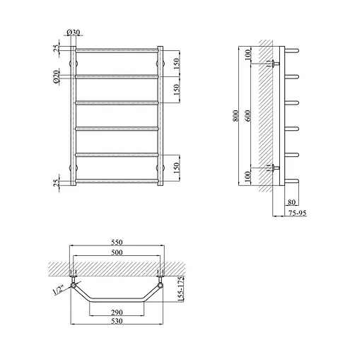 Полотенцесушитель водяной Kroner Трапеция ДТ10 800x530/6 CV019204, Хром, нижнее - фото 2