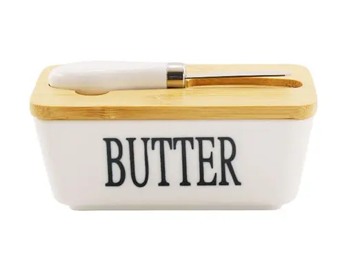 Масельничка з ножем та бамбуковою кришкою порцелянова Interos біла (PJ03629)