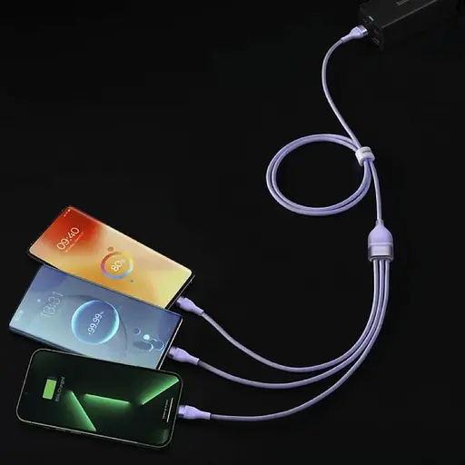 Кабель Baseus Flash Series Ⅱ One-for-three Fast Charging Data Cable USB to M+L+C 66W 1.2m Purple - фото 9