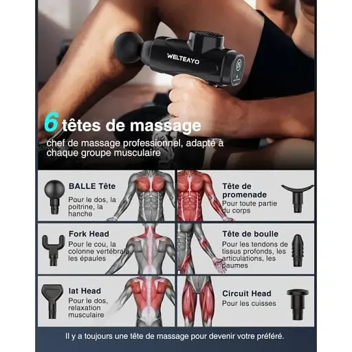 Масажний пістолет для м'язів Welteayo 30 швидкостей 6 головок - фото 2