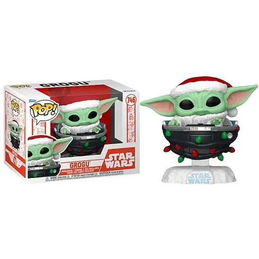 Коллекционная фигурка Funko Pop Мандалорец Грогу The Mandalorian Grogu with Santa Hat in Pram 10 см FP G 746 - фото 1