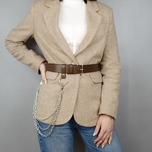 Ремень коричневый с цепочкой кожаный HC-4063 (120 см) - фото 7