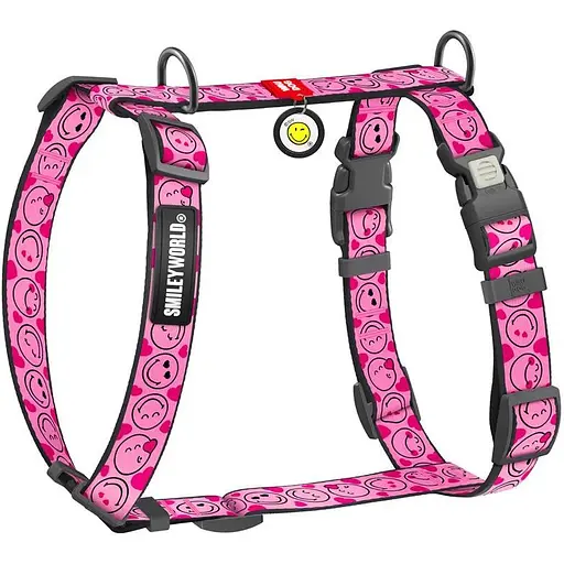 Шлея для собак Waudog Nylon анатомічна H-подібна з QR-паспортом, малюнок "Смайли на рожевому", пластиковий фастекс, L