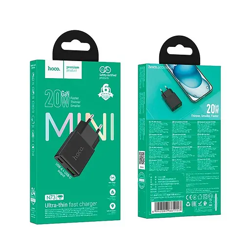 Блок живлення - мережевий адаптер Hoco N73 Speed PD ultra-thin charger 2 порта 1Type-C + 1USB 20W чорний - фото 2