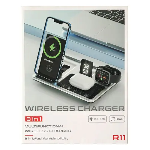 Зарядний пристрій 4 IN1 AUTOMATIC (iPhone, iWatch, AirPods, Clock) 15W FAST ORIGINAL сріблястий-чорний - фото 2