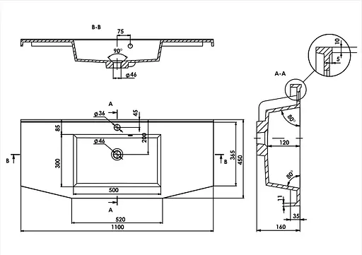 Раковина глянцева врізна Amidicon Santo 110 1100x450 з литого каменю SANTO_110_HL, Білий - фото 6