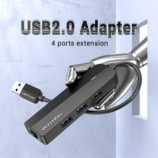 Хаб USB 2.0 -> 3хUSB 2.0 + RJ45 100M Ethernet Vention - фото 2