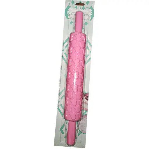 Скалка текстурна кондитерська пластикова для мастики з візерунком Серця 39 см Ø 5.3 см, Kitchen Master Рожевий 85111 - фото 3