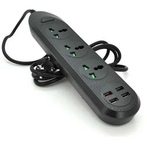 Мережевий фільтр ТВ-Т16, 3 розетки + 4 USB, 2 м, перетин 3х0,75мм, 3000W, Black, Box