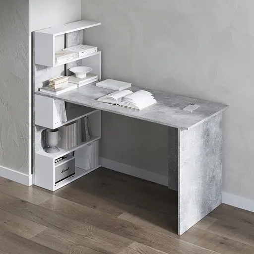 Комп’ютерний стіл Vays M-24 Бетон-Білий, письмовий з полицями ліворуч, ЛДСП, 142×60×123 см - для дому, навчання, офісу