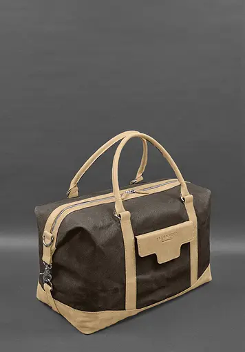 Дорожная сумка из коричневого конваса и натуральной кожи Crazy Horse светло-бежевая - фото 4