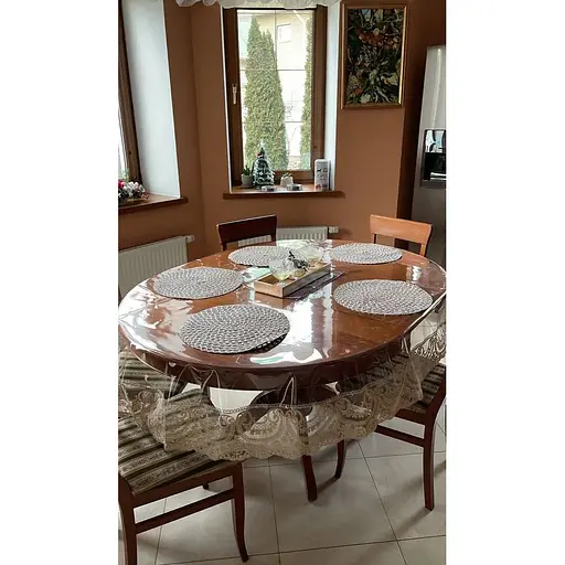 Силіконова скатертина овальна з мереживом Арка 15 см 340х140 см Бежевий + м'яке скло 315х35 см