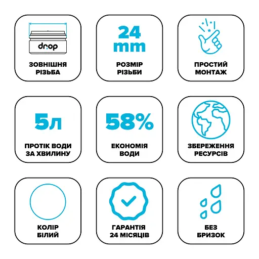Водозберігаючий аератор Drop CL24-WHT для змішувача - Економія 58%, зовнішня М 24 мм, білий - фото 4