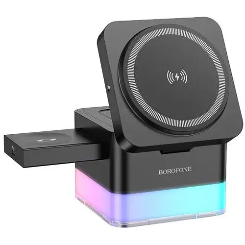 Безпровідний зарядний пристрій BOROFONE BQ33 Clever folding 3-in-1 vertical wireless fast charger (чорний) - фото 1