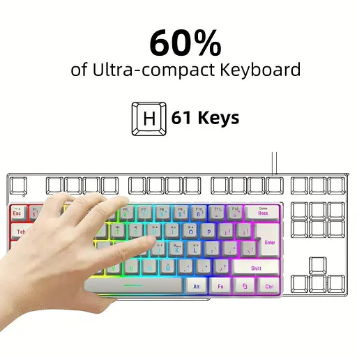 Snpurdiri 60% Проводная Игровая Клавиатура, RGB Подсветка, Компактная 61 Клавиша. Tadvyy, V800 balta ir pilka - фото 3
