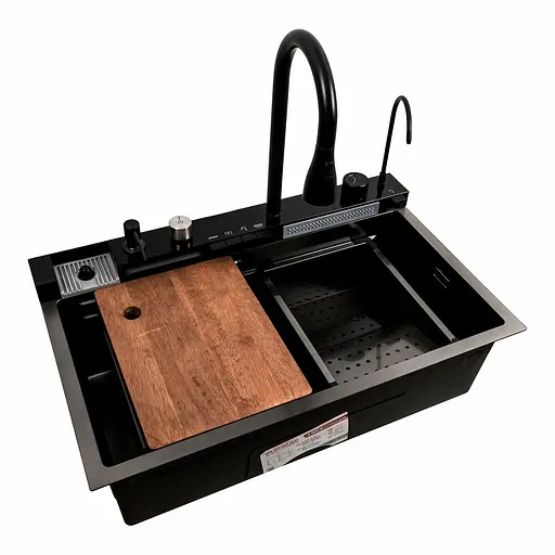 Кухонна мийка 75x45М PVD чорна Platinum Handmade Водоспад, Чорний - фото 1