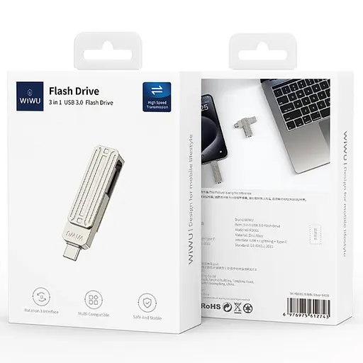 Флеш-накопичувач WIWU Wi-FD001 3in1 (USB-A/C/L) USB 3.0, 256GB Silver - фото 7