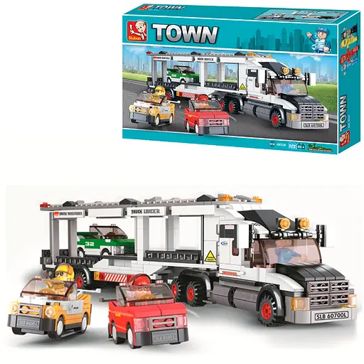 Конструктор дитячий SLUBAN Трейлер з машинками, M38-B0339, 638 деталей, фігурки персонажів