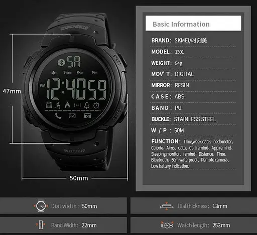 Спортивний жіночий смарт годинник Skmei 1301 Шагомір Bluetooth удароміцний Чорний - фото 8