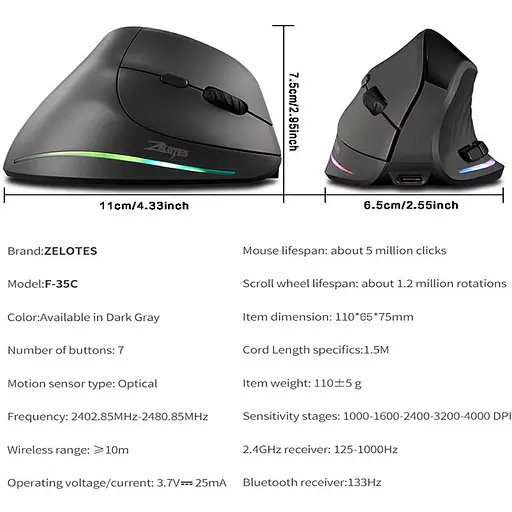 Вертикальна миша бездротова Zelotes F-35C з акумулятором RGB підсвічуванням 2.4G Bluetooth Black - фото 5