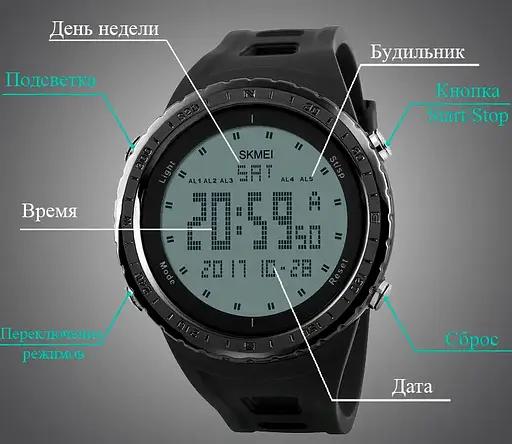 Чоловічий спортивний годинник Skmei 1246 (Чорний) - фото 2