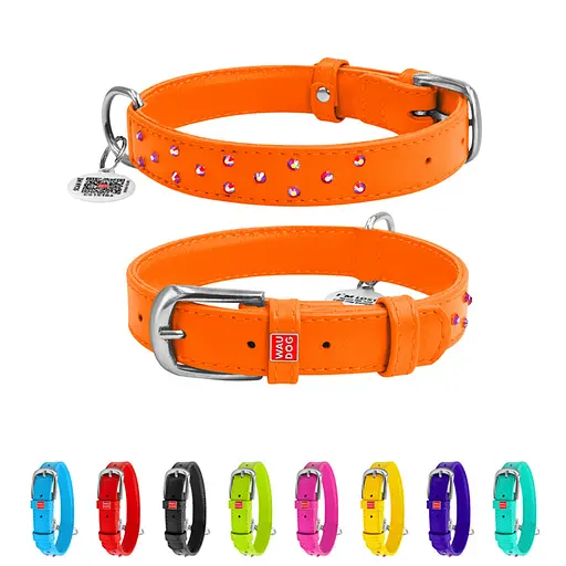 Ошейник для собак кожаный Waudog Glamour с QR-паспортом с клеевыми стразами Ш 25 мм Д 38-49 см оранжевый - фото 2