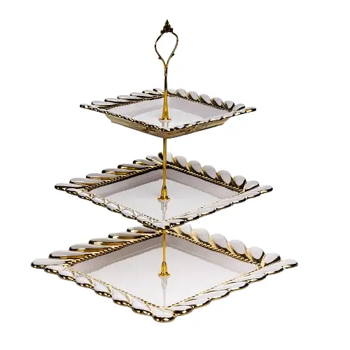 Фруктовница квадратная Yiwu Tiffany трехярусная для сервировки фруктов и сладостей 25х25х34 см фарфоровая стойка для закусок белая ML2083 - фото 1