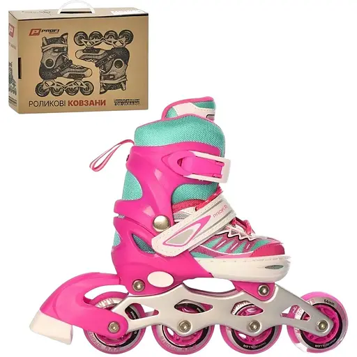 Ролики Profi A4122-XS-P поліуретанові розмір 27-30 шнурівка + бакля алюміній рожеві - фото 4