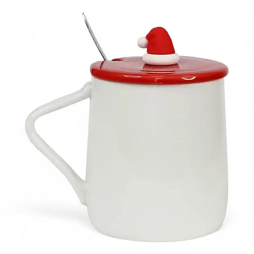 Новогодняя чашка с крышкой и ложкой С Рождеством Олень керамика 360 мл Белая с красным - фото 2