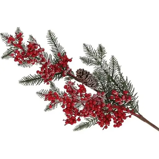 Декоративная ветка 64 см Искусственные материалы для декора из хвои и красных ягод с шишкой - фото 1