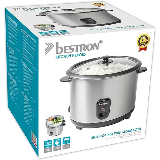 Большая рисоварка Bestron с корзиной для пароварки и функцией поддержания тепла, 2.8 л, 1000 Вт, нержавеющая сталь, серебро - фото 6