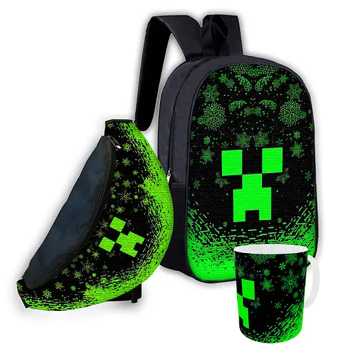 Набор детский Майнкрафт Крипер "Minecraft" рюкзак 36х27см сумка-бананка, кружка с принтом для мальчика (01559)