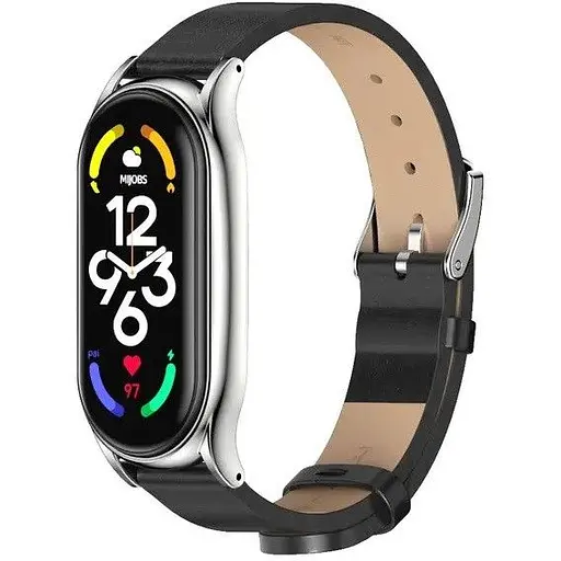 Шкіряний ремінець MiJobs для фітнес-браслета Xiaomi Mi Band 7 Type C чорний, тримач - сріблястий