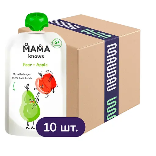 Упаковка пюре Mama knows из груш и яблок без сахара 900 г (90 г х 10 шт.)