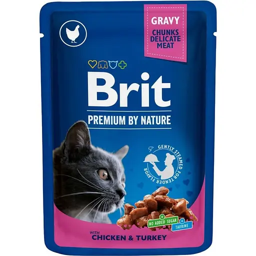 Влажный корм Brit Premium Cat Pouch для кошек с курицей и индейкой 100 г - фото 1