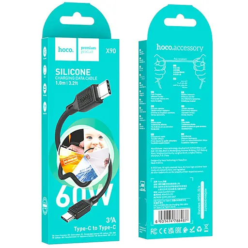 Дата кабель Hoco X90 Cool silicone Type-C to Type-C 60W (1m) Black - фото 6