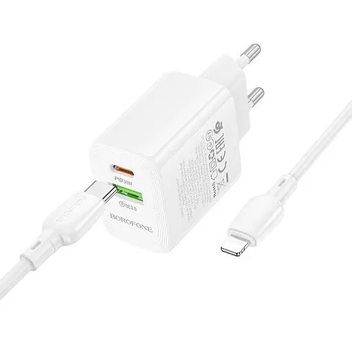 МЗП Borofone BN29 Fuente PD30W+QC3.0 (1USB-A/1C) + кабель Type-C to Lightning White - фото 5