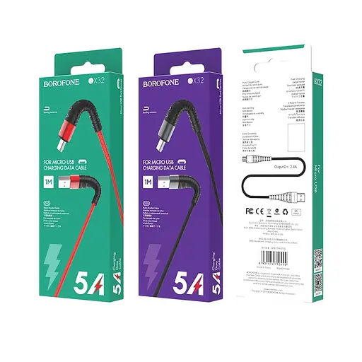 Кабель BOROFONE BX32 USB to Micro 2.4A, 1m, нейлон, алюминиевые+TPE разъемы, Black - фото 2