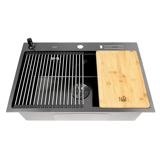 Кухонная мойка черная из нержавеющей стали 1.5 мм многофункциональная Nett NB-7048, Черный - фото 6