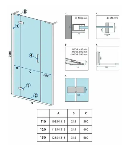 Душевые двери Rea Hugo 130 распашные black REA-K6606+REA-K6008, прозрачный, черный матовый - фото 3