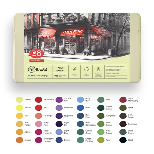 Набір олівців акварельних 99IDEAS "Aqua Expert" 36 кольорів, Universal Set, металева коробка, 99AE-36UNI - фото 3