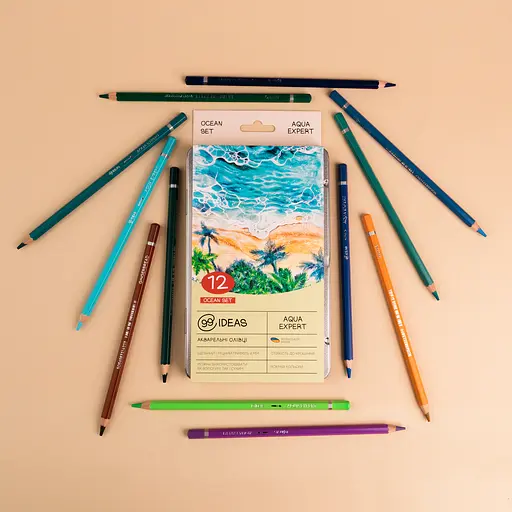 Набор карандашей акварельных 99IDEAS "Aqua Expert" 12 цветов, Ocean Set, металлическая коробка, 99AE-12OCN - фото 5