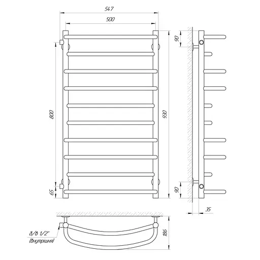 Полотенцесушитель Laris Евромикс П10 500x900 боковое подключение 71207370, Хром - фото 5