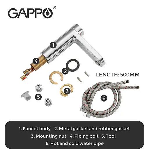 G1095-1 Змішувач для умивальника натискний плоский гусак латунний корпус хром Gappo 1/4, Хром - фото 5