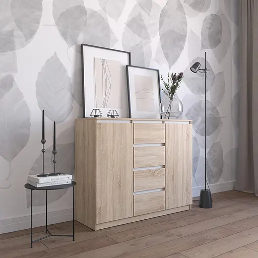 Комод Vays R-11 Дуб Сонома-Білі планки, 4 шухляди та 2 відділення з полицями, без ручок, ЛДСП, 120×40×98 см - для спальні, вітальні, передпокою