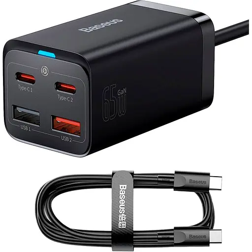 Мережевий зарядний пристрій Baseus GaN3 Pro Desktop Fast Charger 2C+2U 65W + Cable USB-C to USB-C Black (CCGP040101) [80903] - фото 1