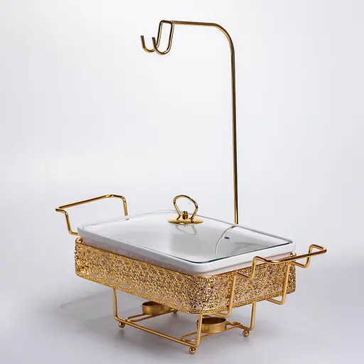 Мармитница настольная фарфоровая 3.5 литра мармит прямоугольный на подставке Белый с золотом Yiwu YL-77 - фото 6