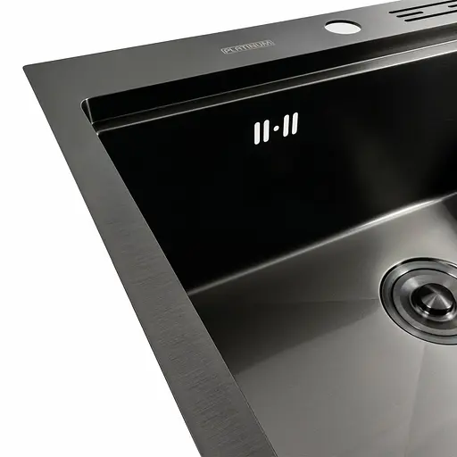Кухонна мийка Platinum Handmade PVD 60x50 чорна з підставкою для ножів + сифон, дозатор та кошик, Нержавіюча сталь - фото 7